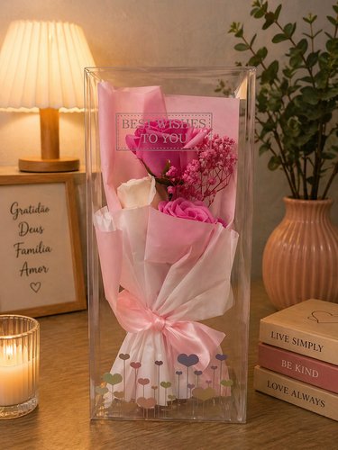 Buquê Decorativo Rosa Com Caixa Transparente - Rosa